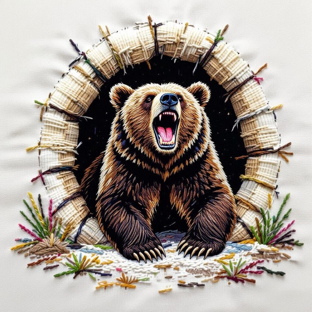 Embroidered Grizzly Bear Yawning in Luminescent Ink Style