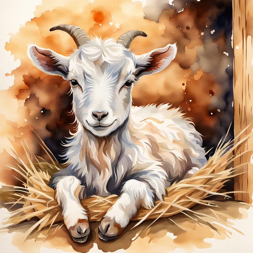 Watercolor of Sleeping Baby Goat in Stable