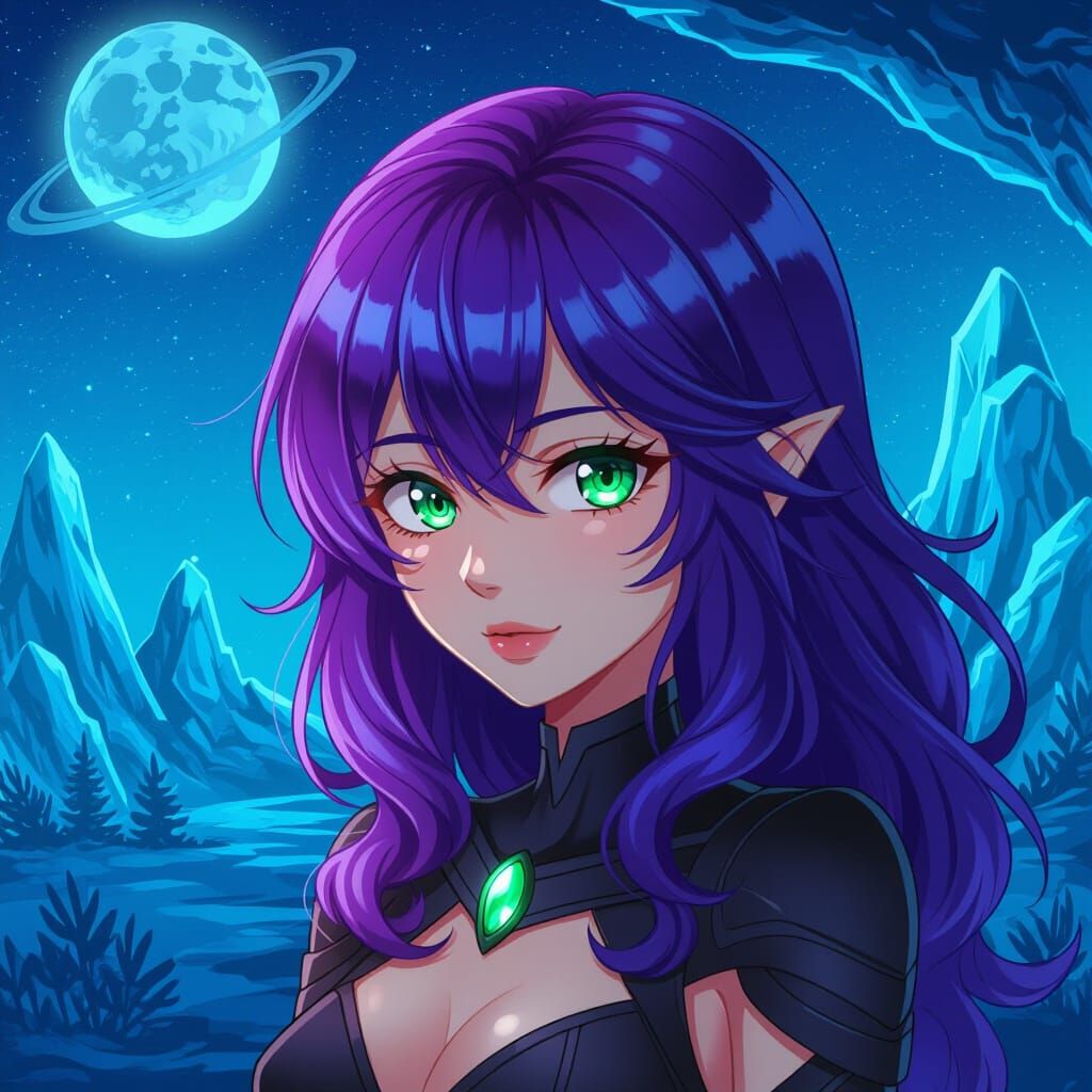 Anime Alien Explorer with Violet Waves