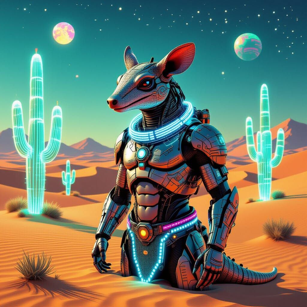 Cyberpunk Armadillo in Futuristic Desert Oasis