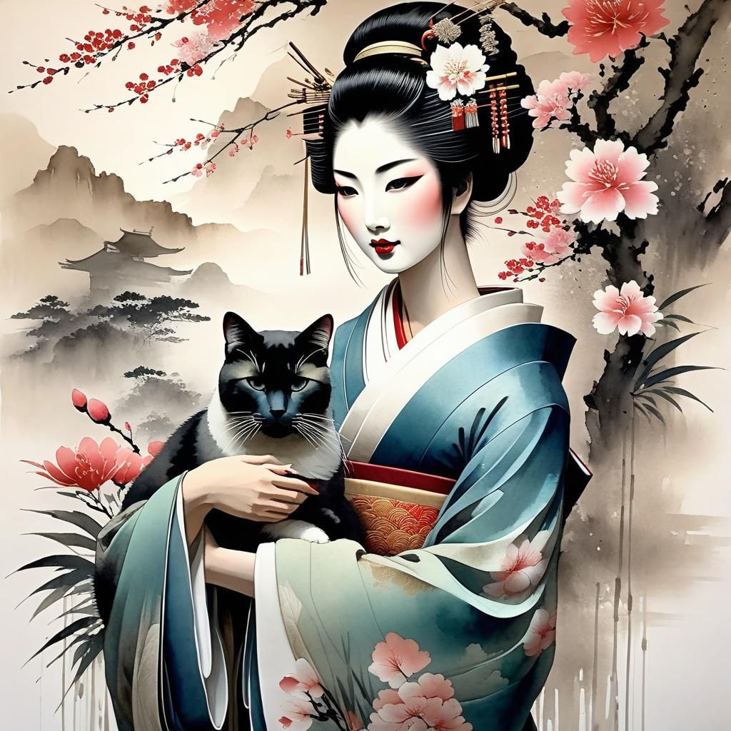 Geisha with Cat: Muted Chinese Ink Painting