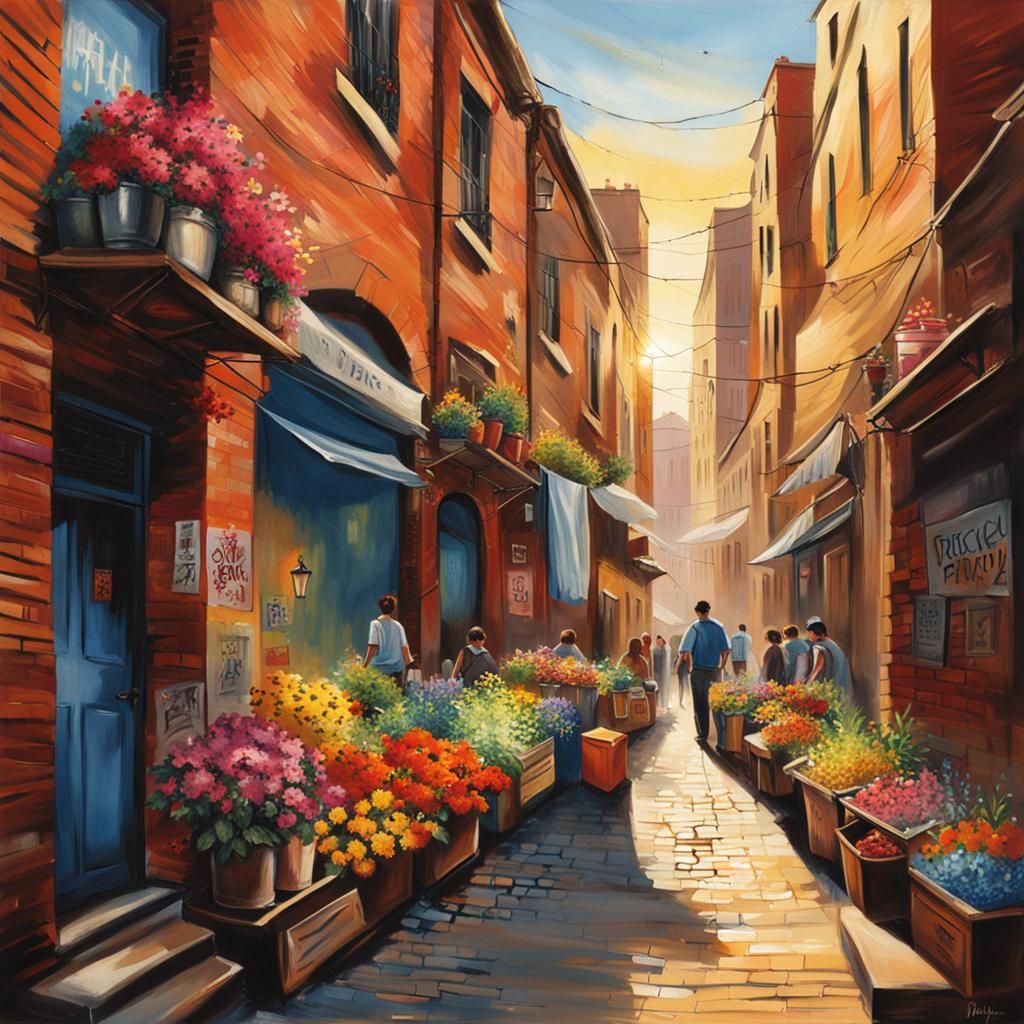 City Alleyway Scene with Graffiti and Street Vendors