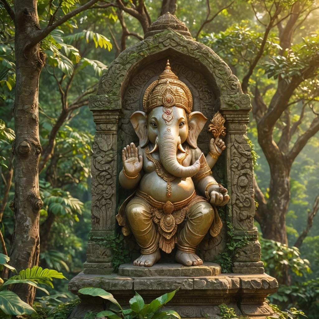 Majestic Temple Art: Ganesha Idol in Mountain Setting