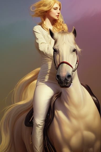 Blonde Woman Riding a Horse Portrait