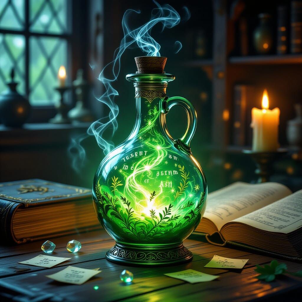 Glowing Potion Bottle with Magical Energy and Runes