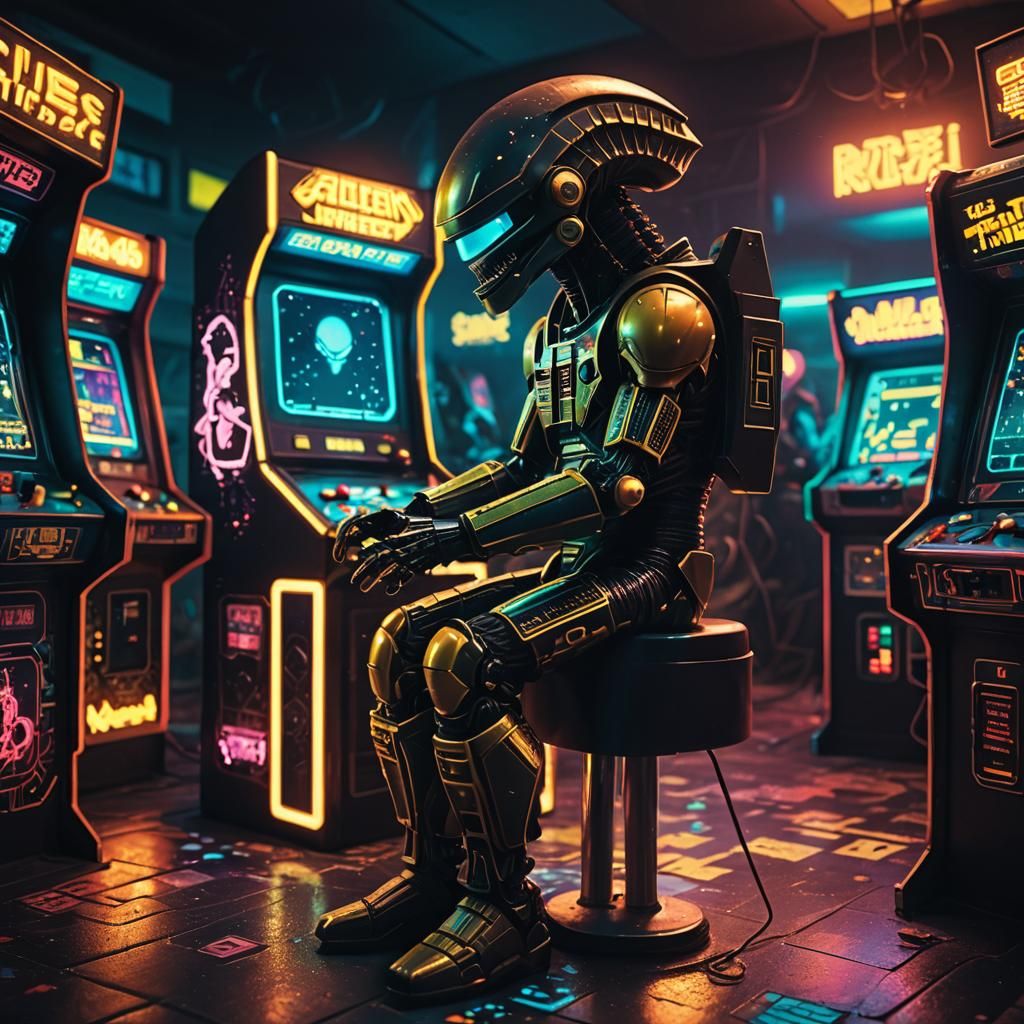Alien Plays Space Invaders in Neon Arcade