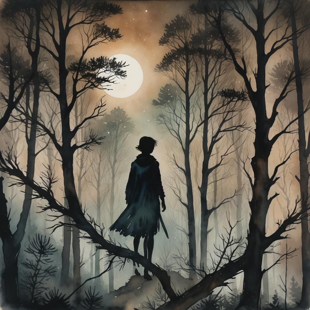 Mysterious Silhouette in Misty Forest: Watercolor Art