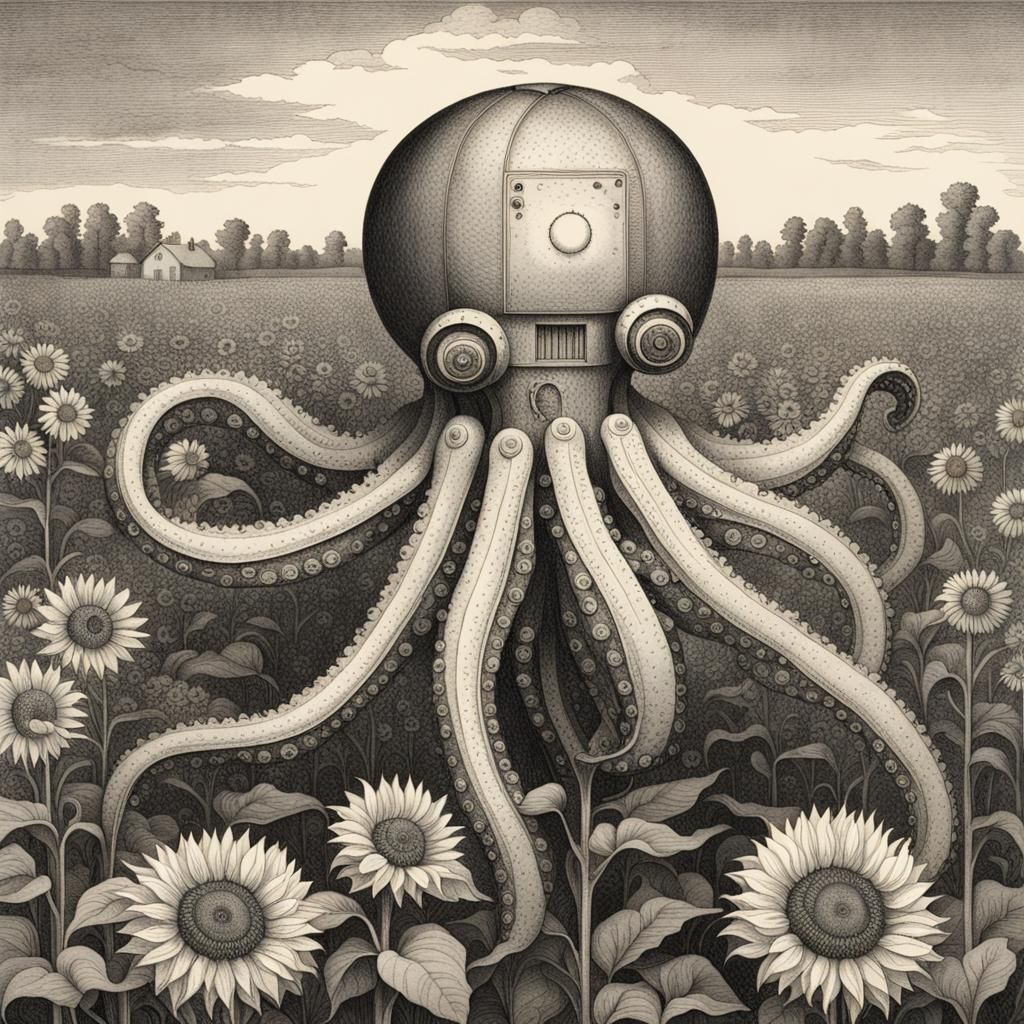 Robotic Octopus in Sunflower Field: 16th Century Etching