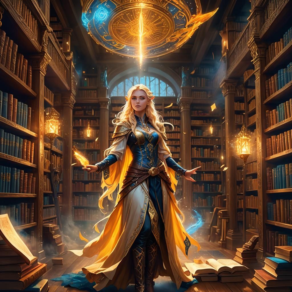 Half-Elf Wizard in Magical Library, Fantasy Art