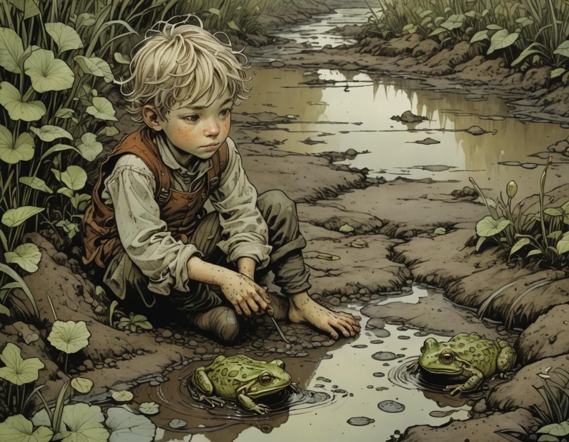 Boy in Mud Talking to Frog: Intricate Illustration