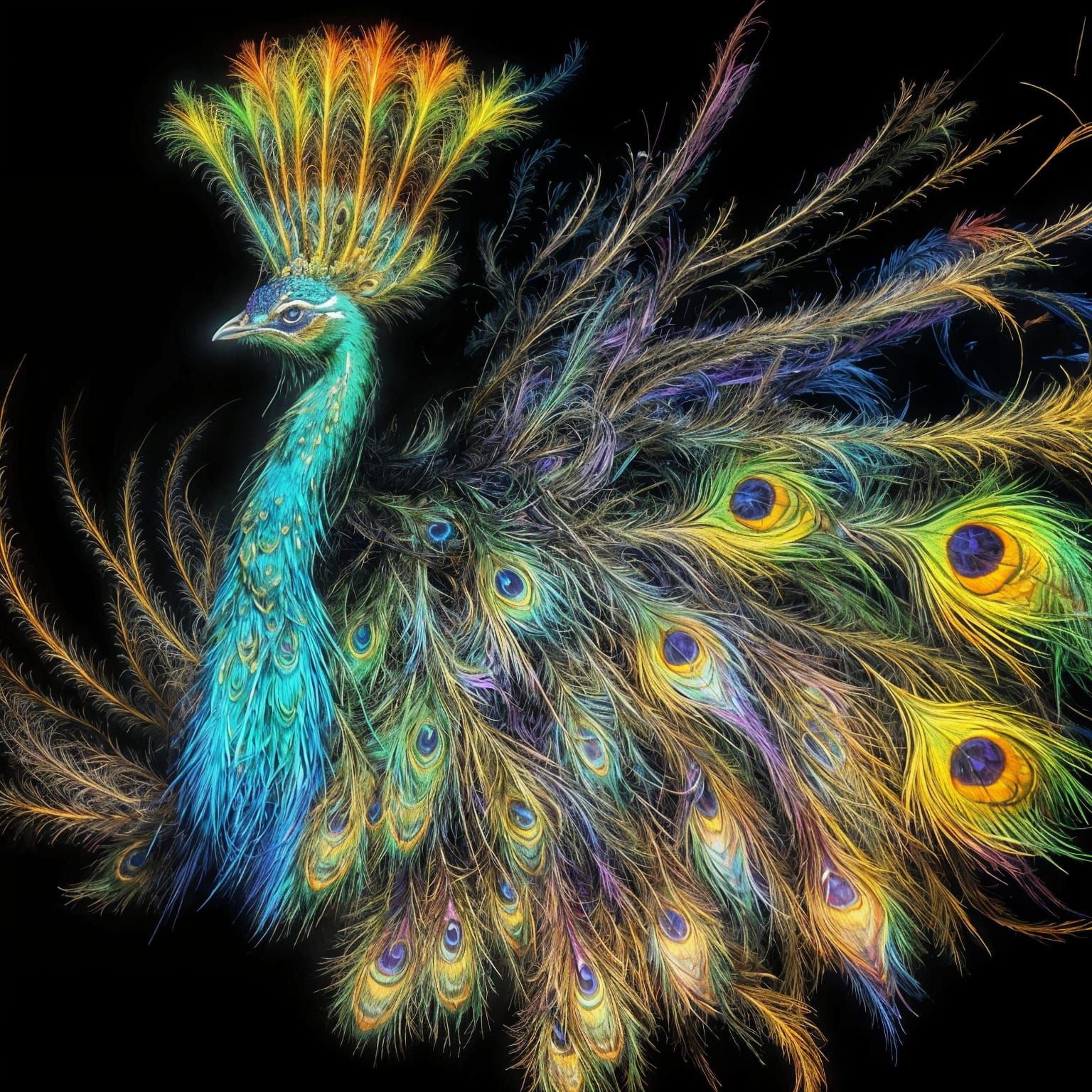 Exotic Fractal Peacock with Rainbow Iridescent Feathers