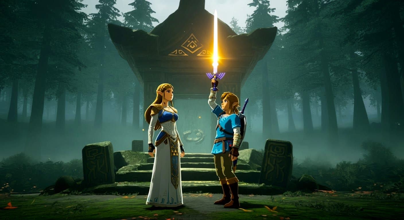Zelda and Link at Forest Shrine with Master Sword