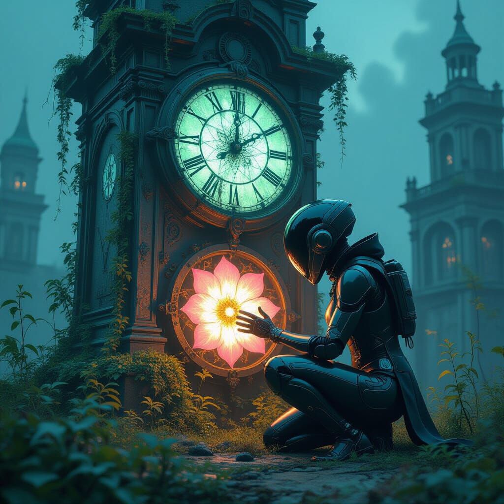 Alien Botanist and Clock Tower in Dark Fantasy Style