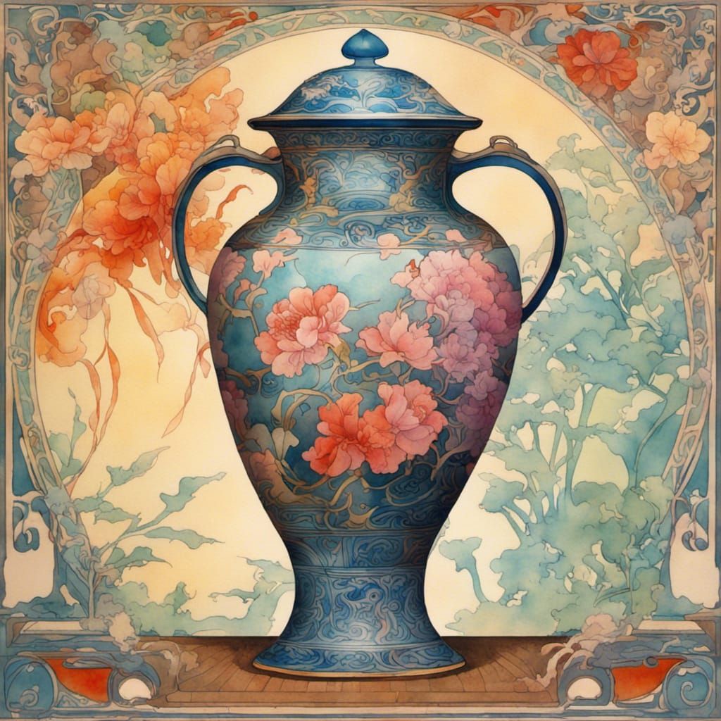 Art Nouveau Chinese Vase Watercolor Illustration