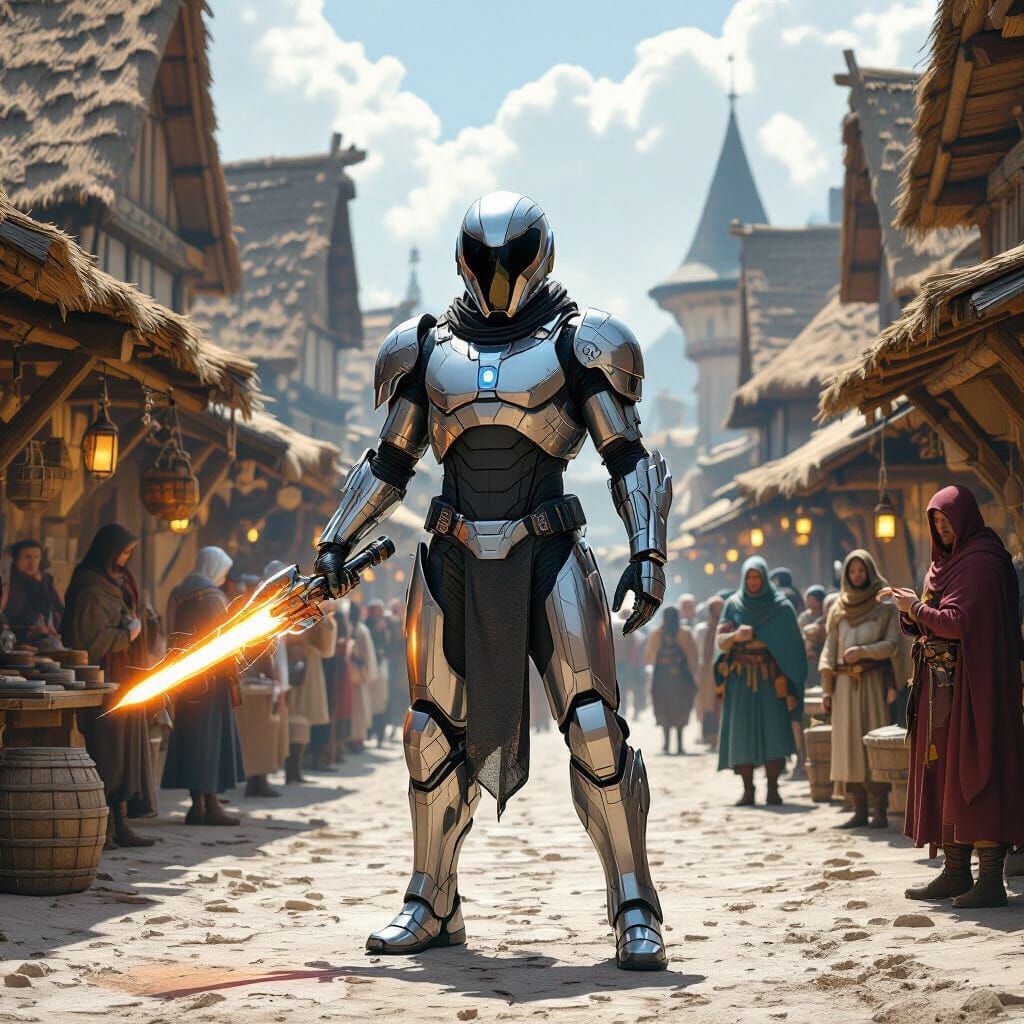 In a medieval marketplace, a futuristic time traveler materializes, clad in sleek, chrome armor and wielding a glowing w...