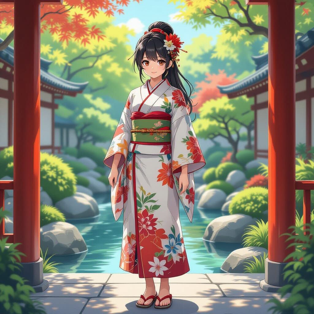 Girl in Loincloth in Japanese Garden, Anime Style