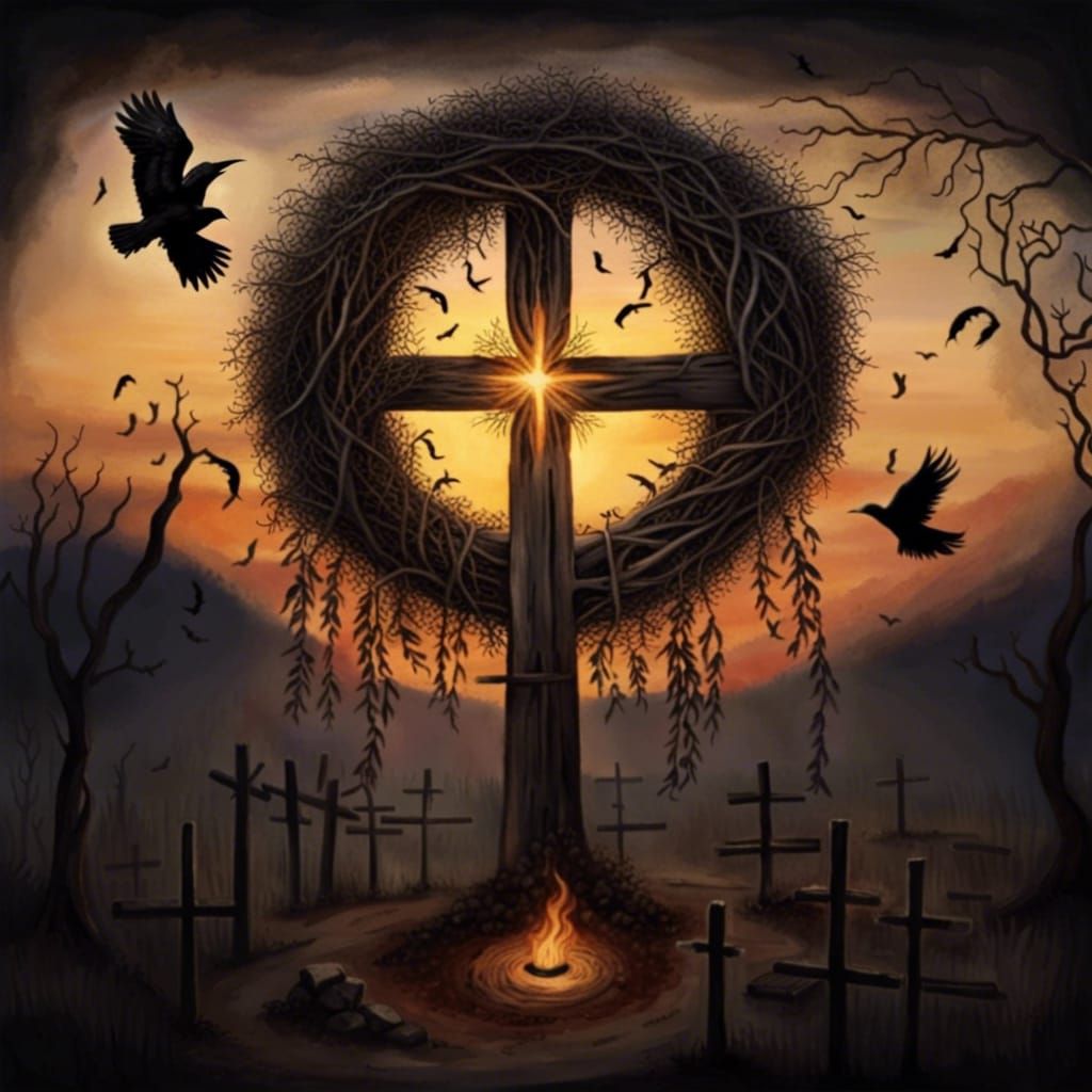 Symbolic Scene with Cross, Ravens, and Sunset