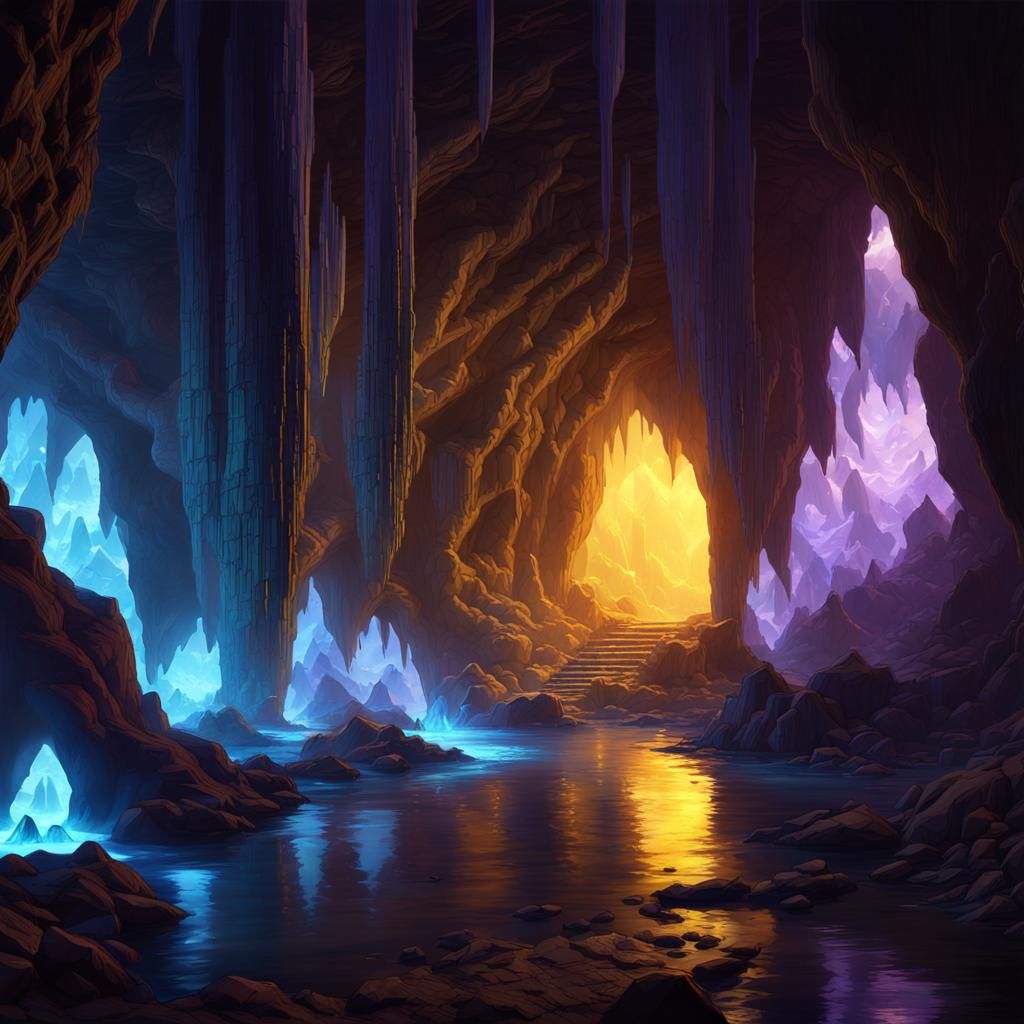 Glowing Blue Crystals Light Dark Fantasy Cavern