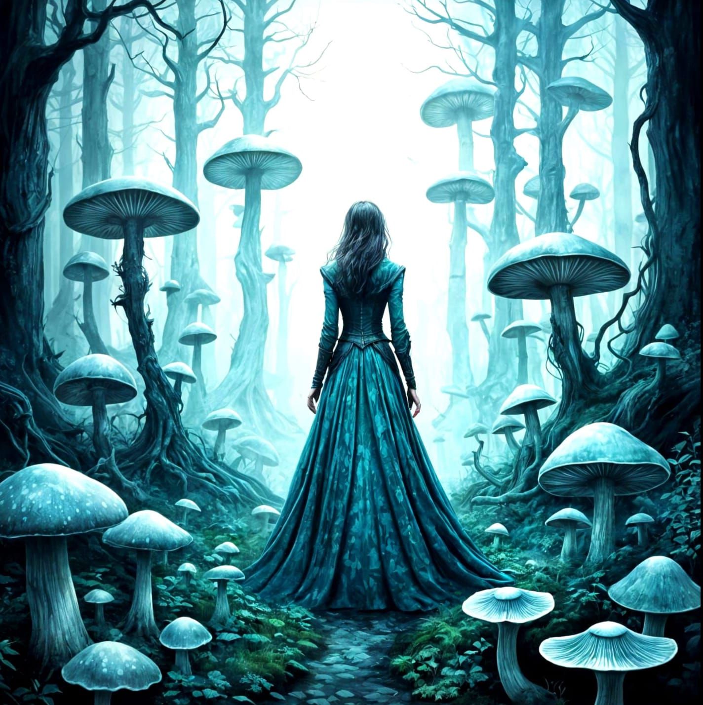 Mushroom Forest Goddess in Monochromatic Watercolor