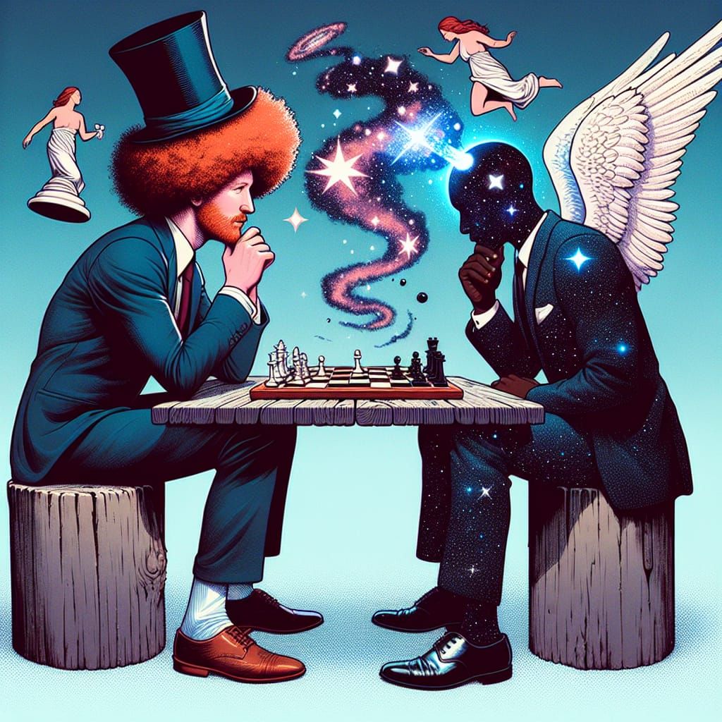 Magician and Businessman Play Chess with Angel