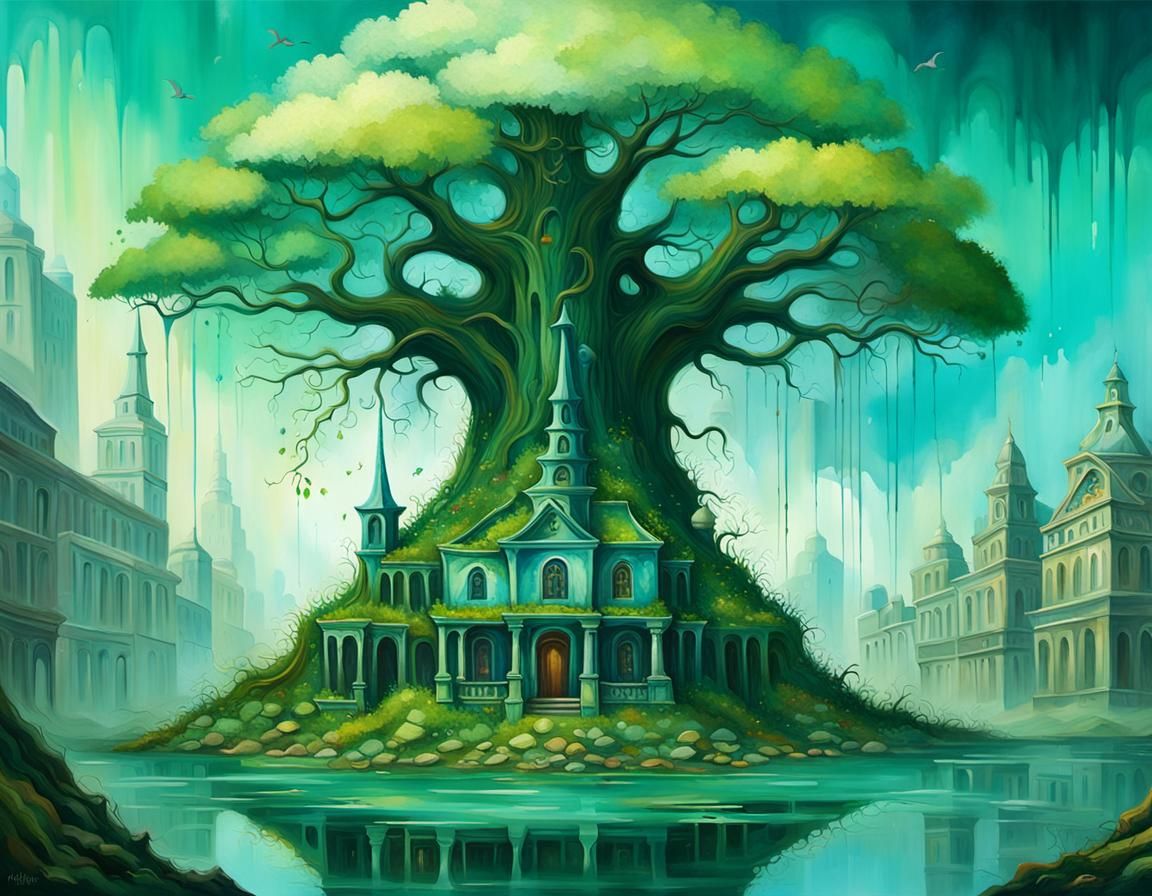Surreal Ruined City Landscape with Massive Tree