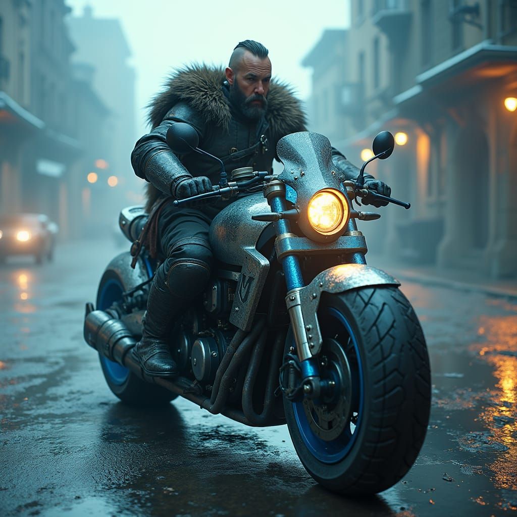 Future Viking Warrior on High-Tech Motorbike in Cyberpunk La...