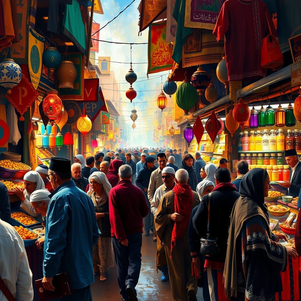 Vibrant Marketplace in Marrakech, Morocco, in a Style Blendi...
