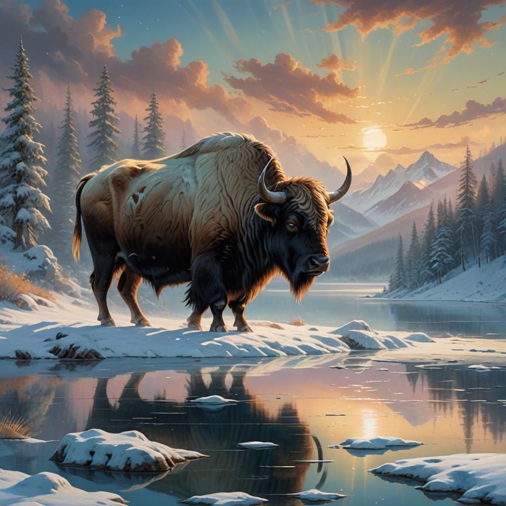 Majestic Winter Yak in Ethereal Fantasy Landscape