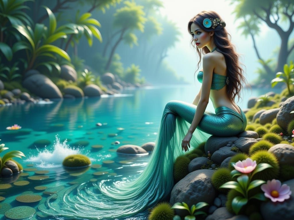 Surreal Mermaid Sits on Moss-Covered Rock by Turquoise Sea