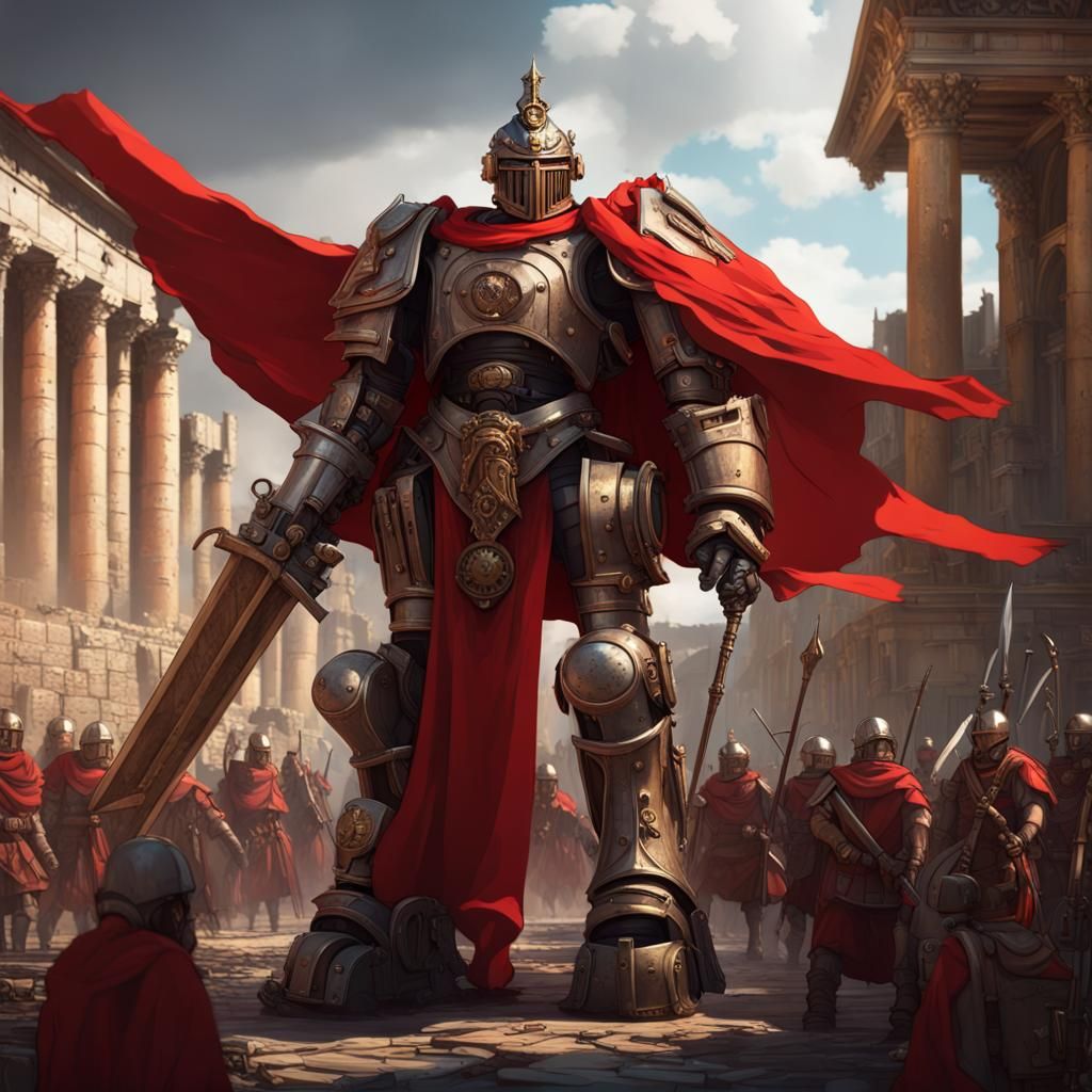 Giant steampunk mecha knight wearing a red cape carrying a huge sword wearing a helmet on in an ancient roman city surro...