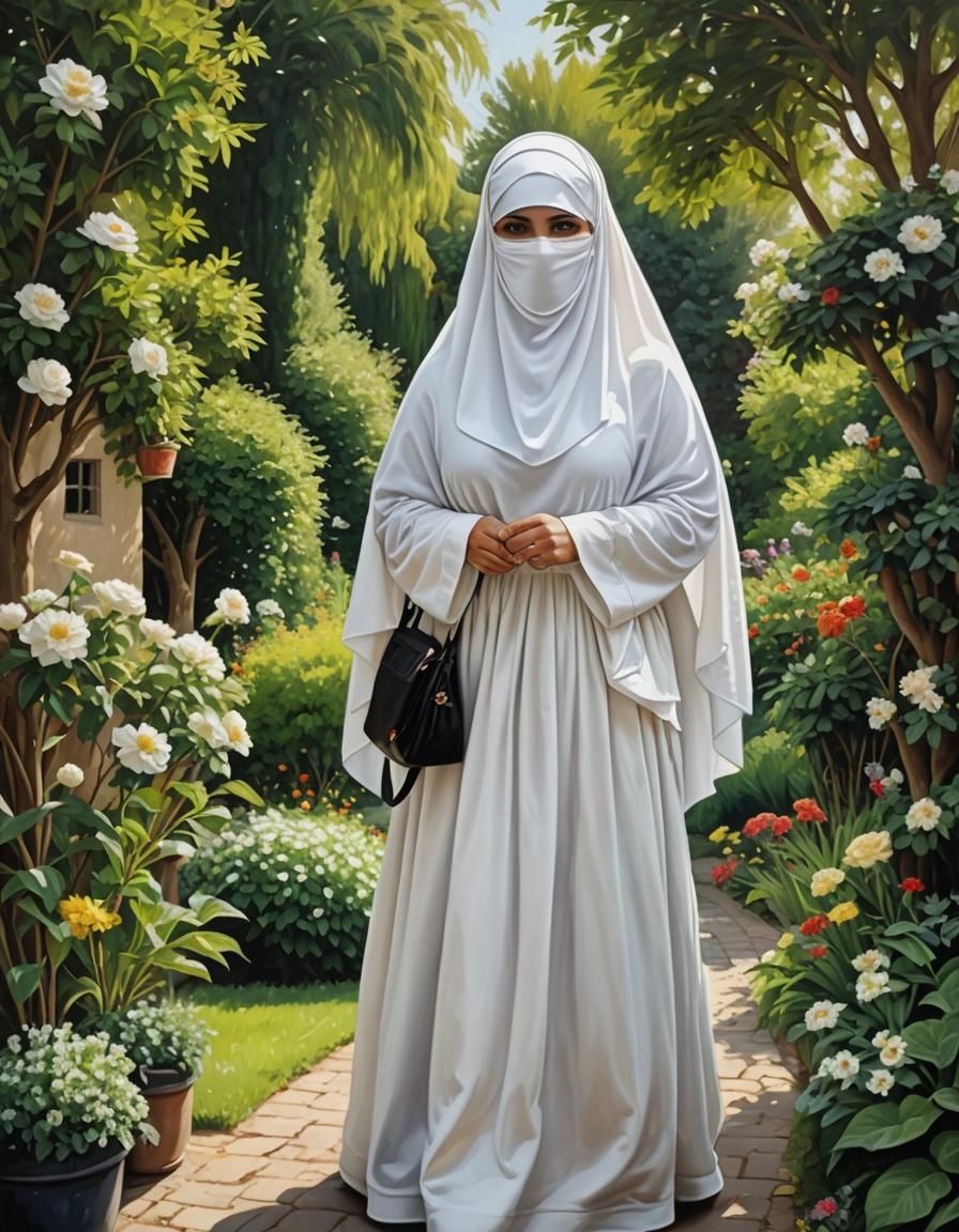 Niqabi Woman Portrait in Lush Garden, Oil Painting