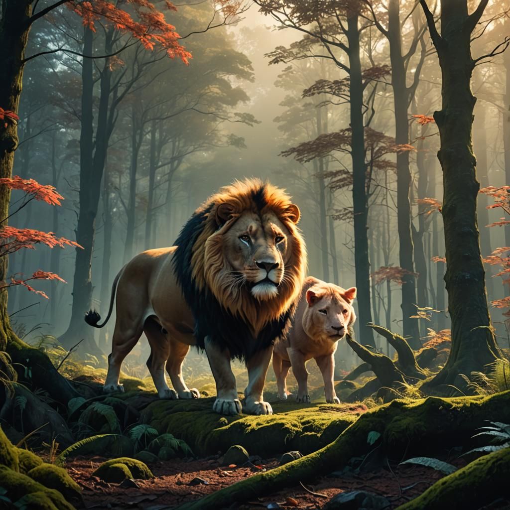 Lion-Pig Hybrid in German Forest, Digital Matte Painting