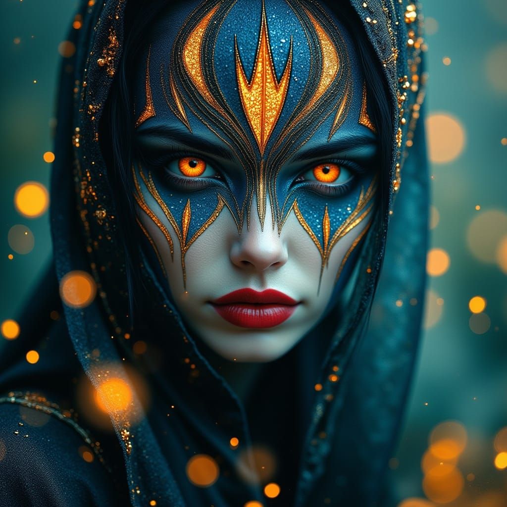 Geometric Face Paint Beauty Among Fireflies in Taiga