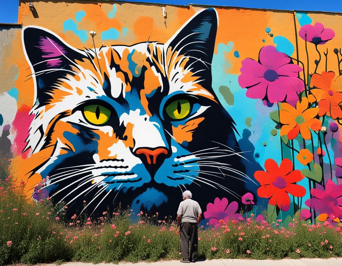 Street Art Mural of Cat and Flowers