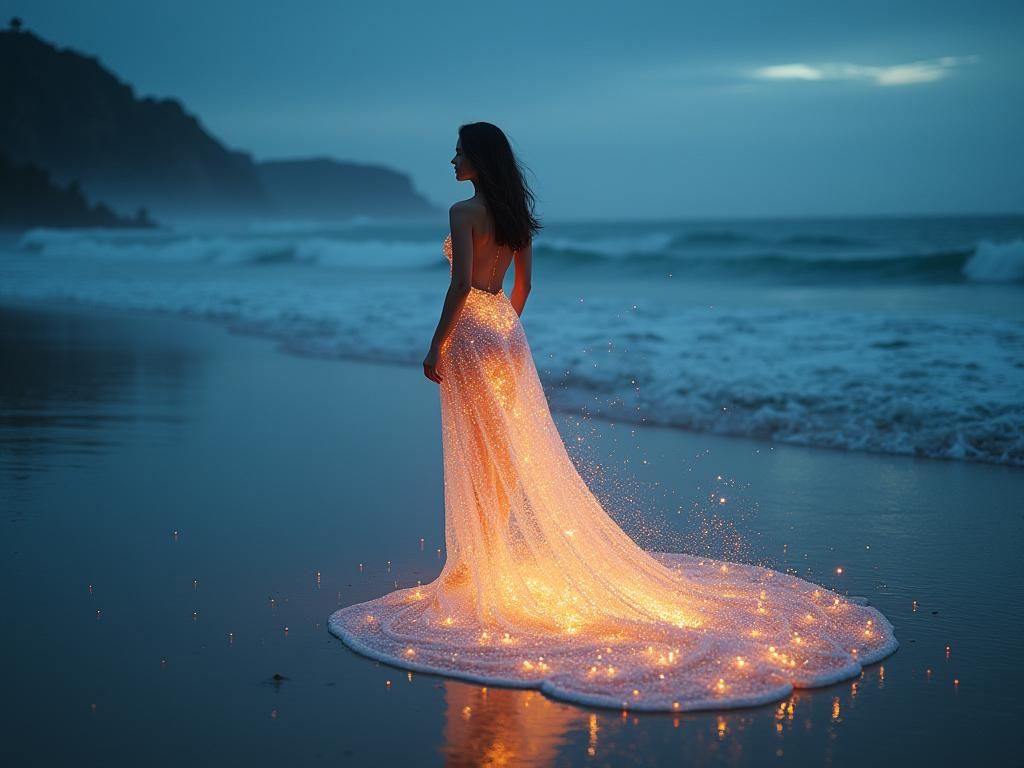 Woman in Bioluminescent Pearl Dress on Beach