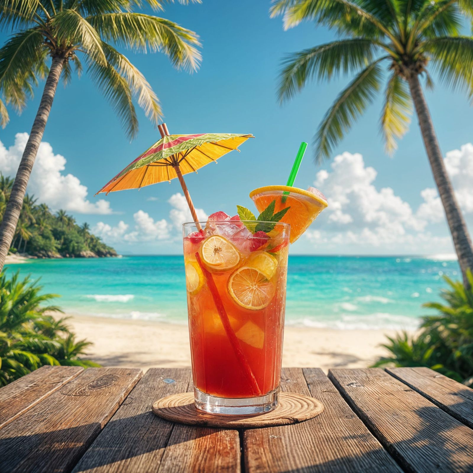Hyperrealistic Tropical Drink on Beach, Rainbow Colors