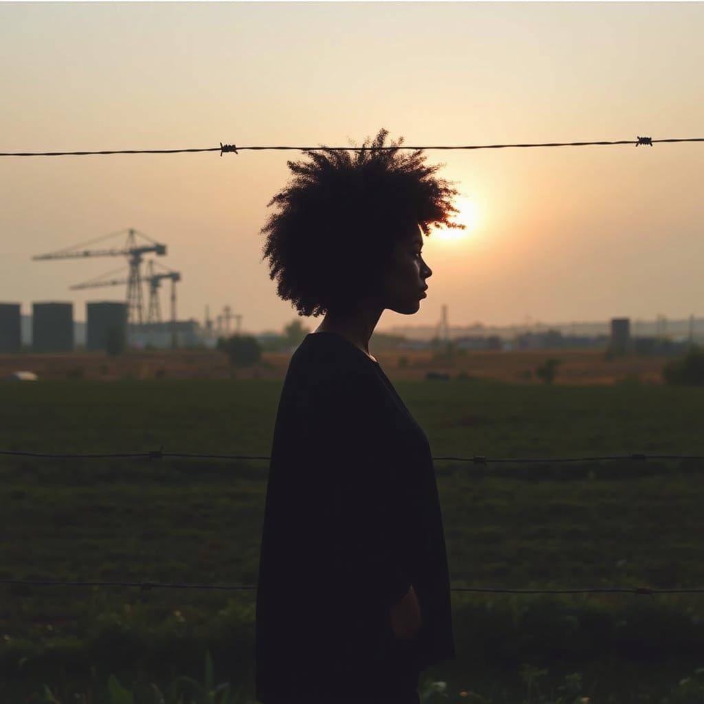 Woman in Silhouette Contemplates Industrial Sunrise