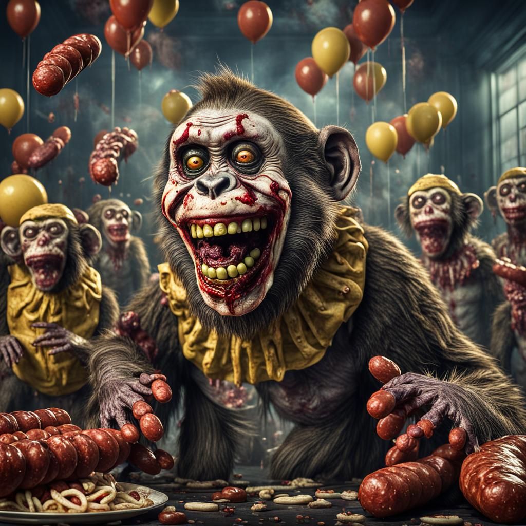 Grinning Zombie Monkey Clown Surrounded by Sausages