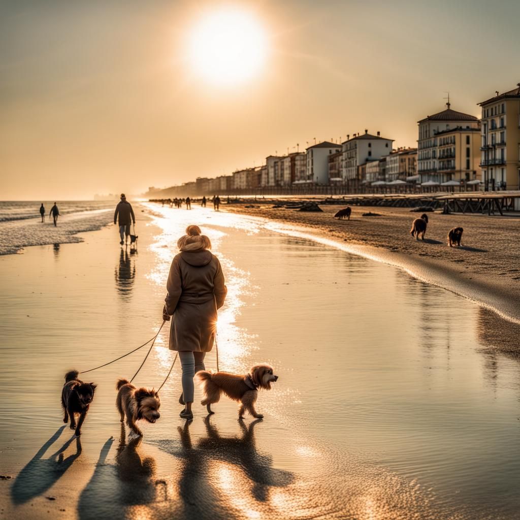 Dog Sitter Walking Dogs on Rimini Beach