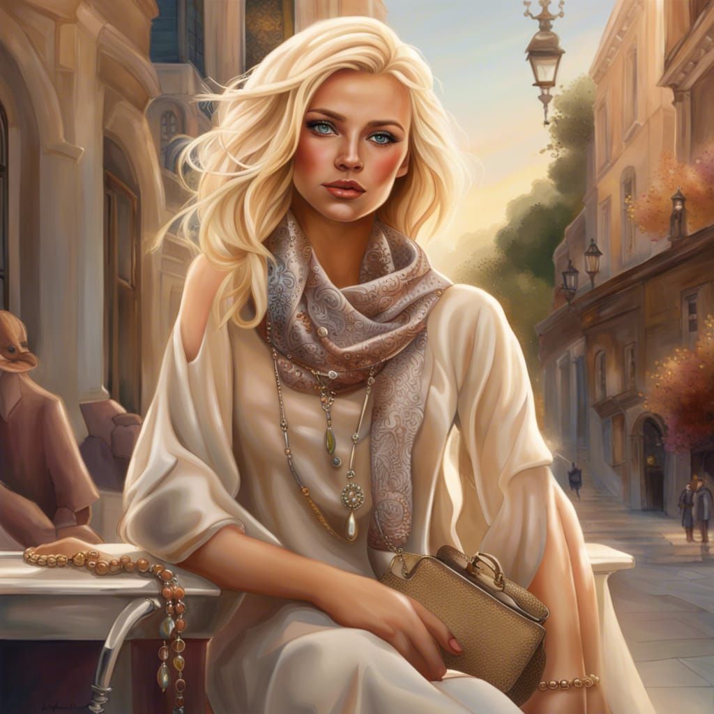 Beautiful Blonde Woman in Beige Dress, Hyperrealistic Art