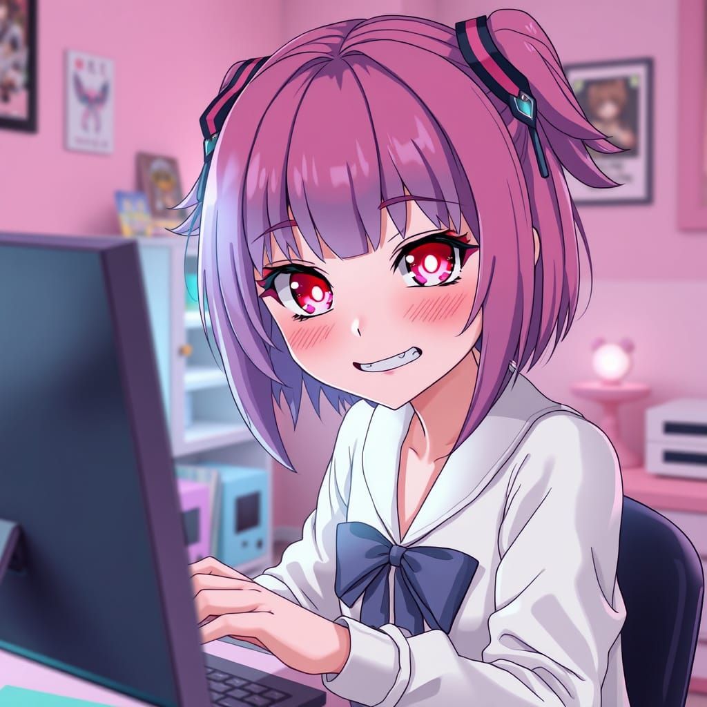 Yandere Anime Girl With Unsettling Smirk in Pastel Room