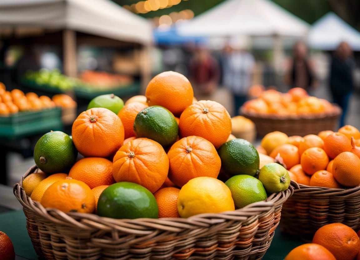 Citrus Fruit Basket at Farmers Market: Sharp Focus