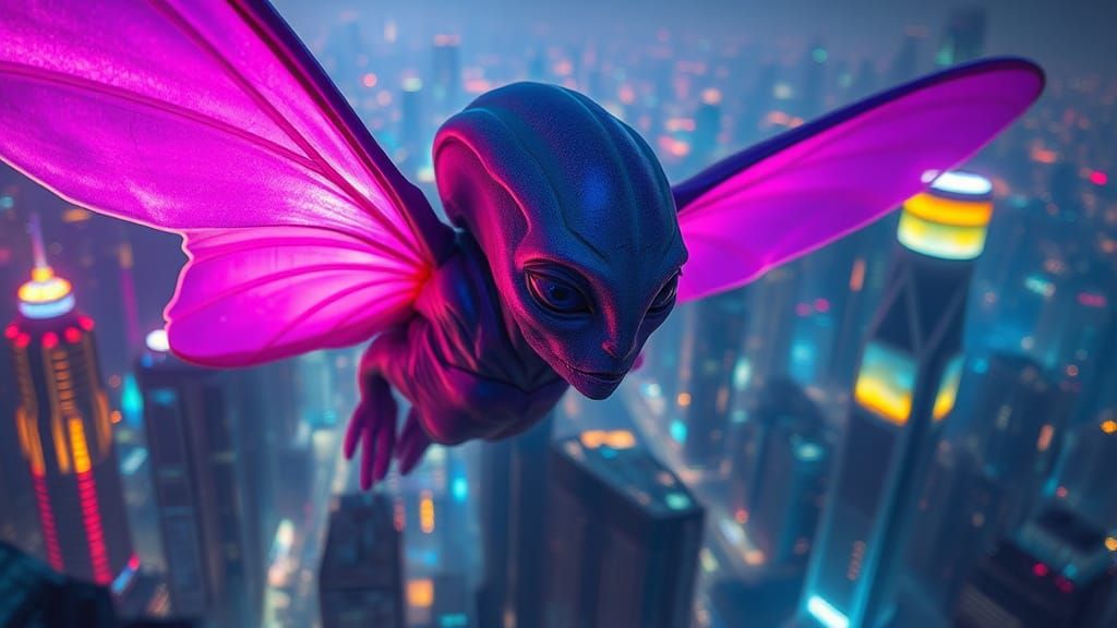 Alien Fairy Soaring Over Cyberpunk Cityscape