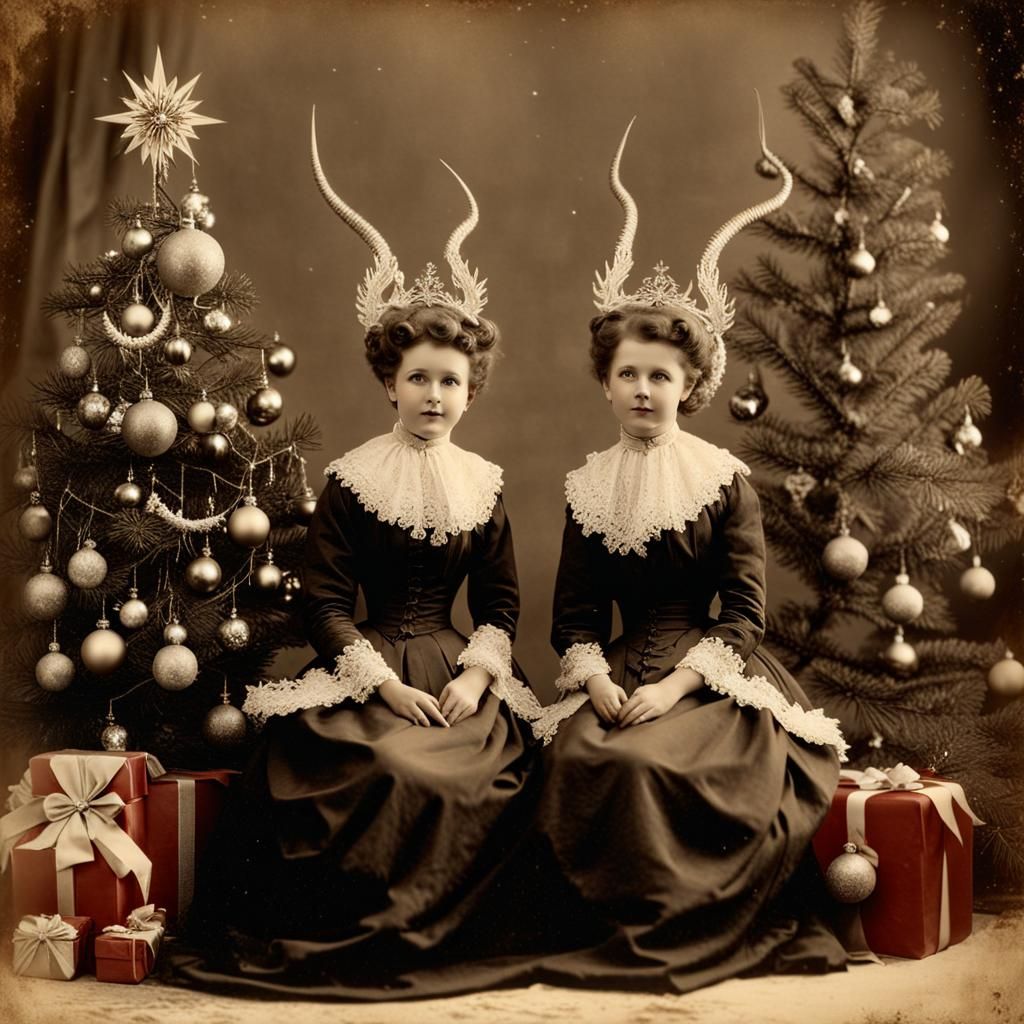 Vintage Sepia Photograph: Dragons by Christmas Tree