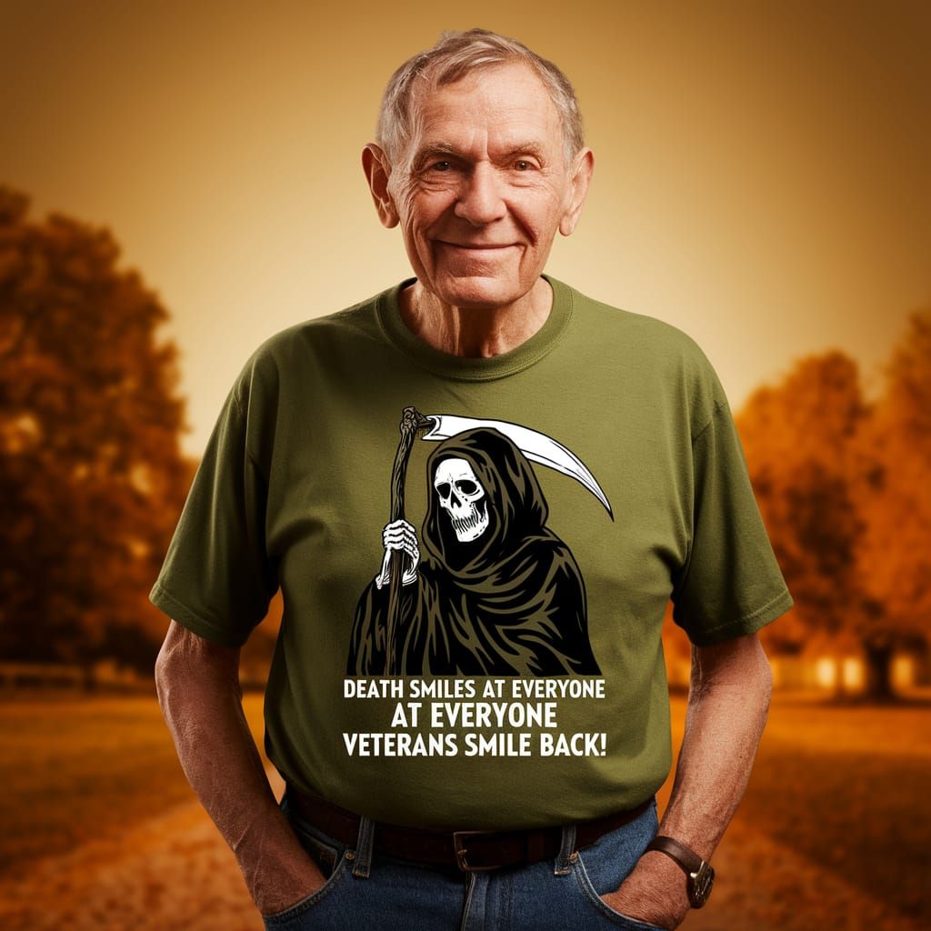 Elderly Veteran Smiles Defiantly in Warm Autumn Landscape