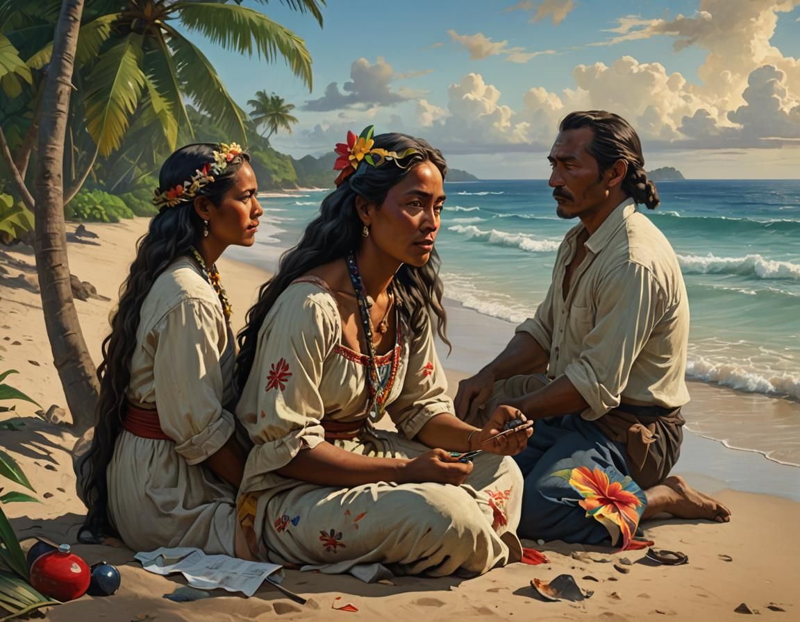 Tahitian Woman on Beach in Hyperrealistic Style