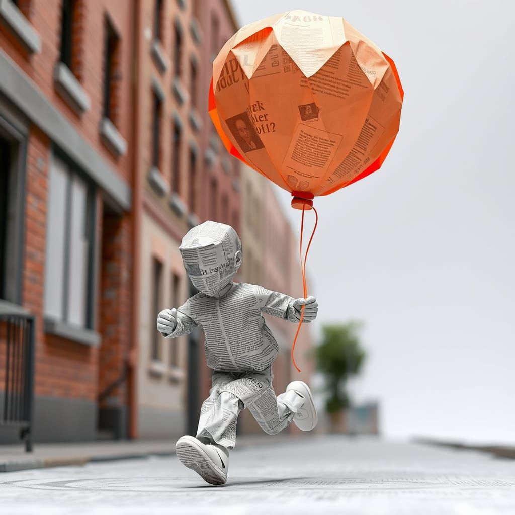 A 3D boy made of newspaper  running down a street made of newspaper holding on to a balloon made of paper