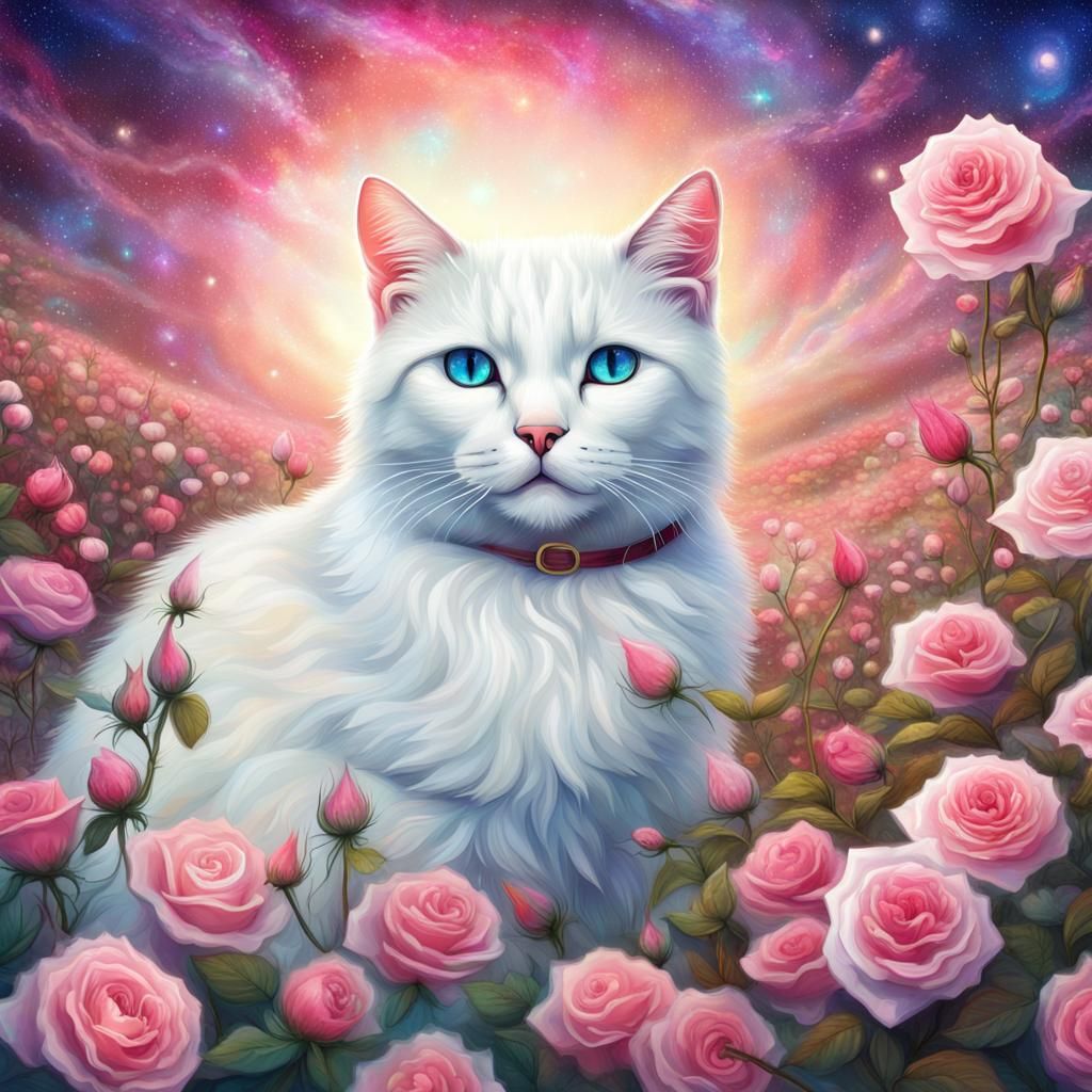 White Cat in Rose Meadow: Astral Cosmic Illustration