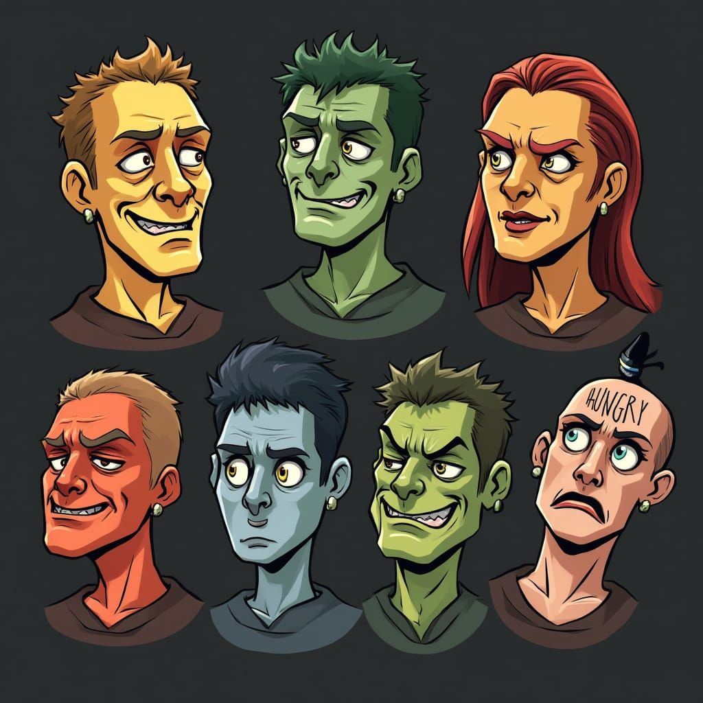 Seven faces. One is prideful. One is greedy. One is angry. One is green with envy. One has "HUNGRY" tattooed on the fore...