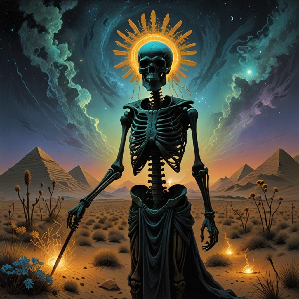 Egyptian Skeleton Shaman Ritual in Bioluminescent Desert